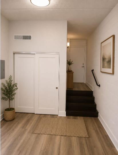 A hallway with a white door, a brown rug, and a plant.