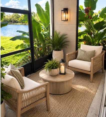 A patio with a couch, table, and a view of a lake.