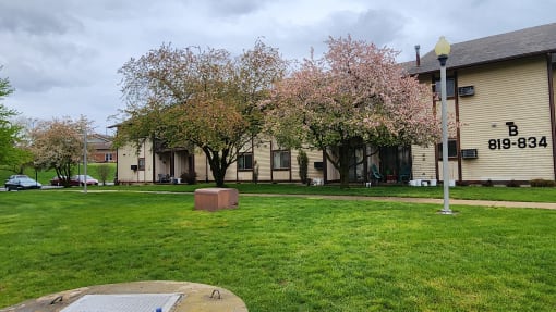 a grassy area with trees in front of a building