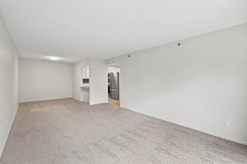 A large, empty room with a carpeted floor and white walls.