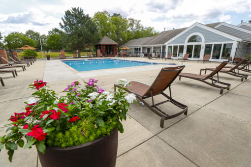 a swimming pool with chairs and flowers in front of a building