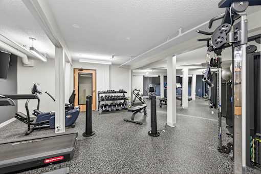 A gym with a treadmill, weights, and exercise equipment.
