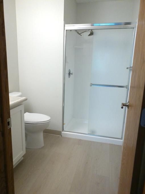 A white toilet sits in a small bathroom with a walk-in shower.