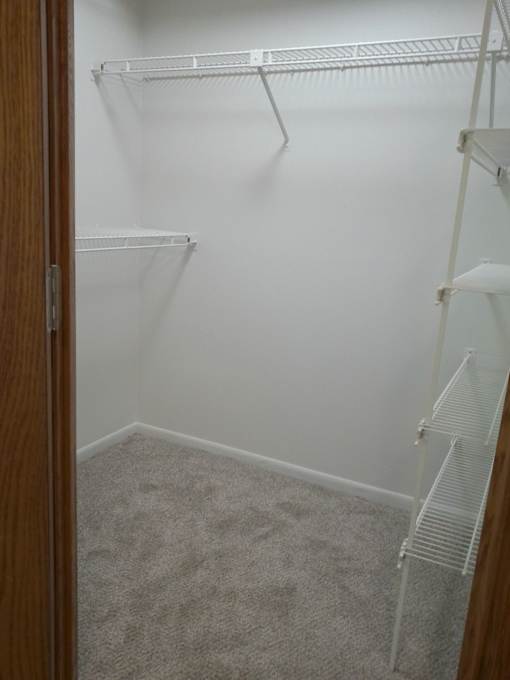 Empty white shelves in a room with carpeted floor.