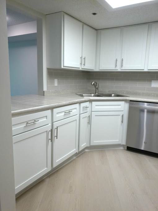 A kitchen with white cabinets and a stainless steel dishwasher.