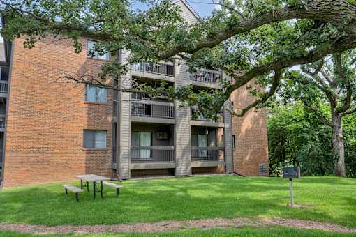 A tree in front of a brick building.