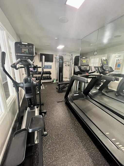 A gym with treadmills and elliptical machines.