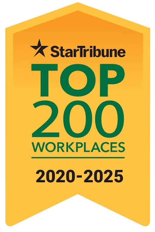A yellow starburst badge with the StarTribune logo and the words "Top 200 Workplaces 2020-2025".