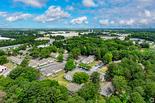 A bird's eye view of a residential area surrounded by trees.
