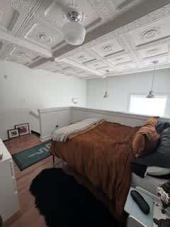 A bedroom with a bed, a black dog, and a green rug.