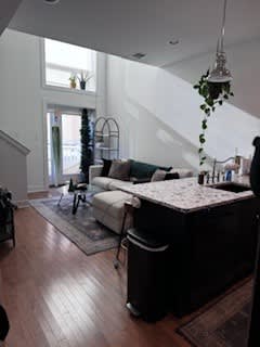 A living room with a couch and a rug.