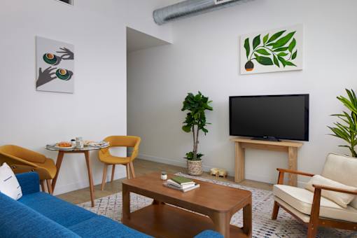 A living room with a blue couch, a wooden coffee table, a TV, and a plant. at 1600 Callowhill, Philadelphia, PA