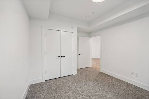 A room with white walls and a carpeted floor with three white doors.