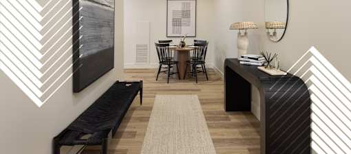 A black and white striped bench sits in a room with a table and chairs.
