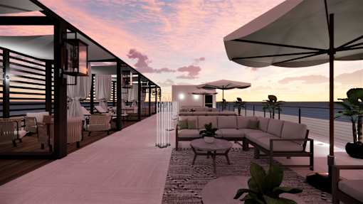 A modern outdoor seating area with a view of the water.