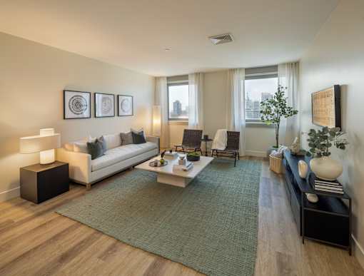 A living room with a couch, coffee table, and a green rug.