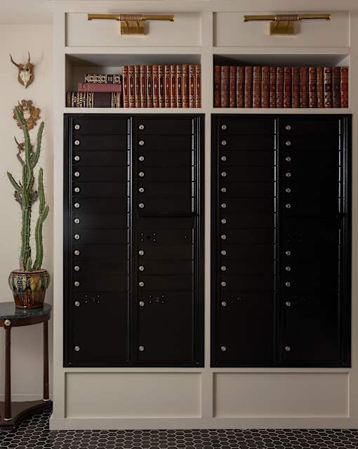 A tall black cabinet with a cactus in a pot at The PARKER on E Mulberry Apartments, San Antonio, TX