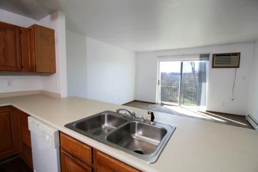 a kitchen with a sink and a window