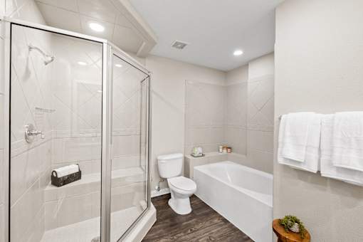 a bathroom with a shower toilet and a bath tub