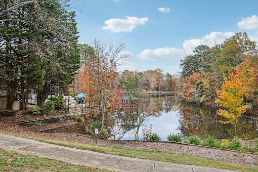 Lake surrounded by trees at Radbourne Lake Apartments, Charlotte