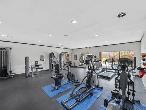 a gym with treadmills and other exercise equipment