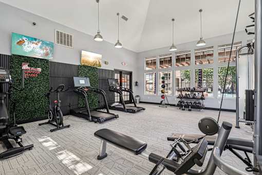 A gym with a variety of equipment including treadmills, weights, and exercise machines.