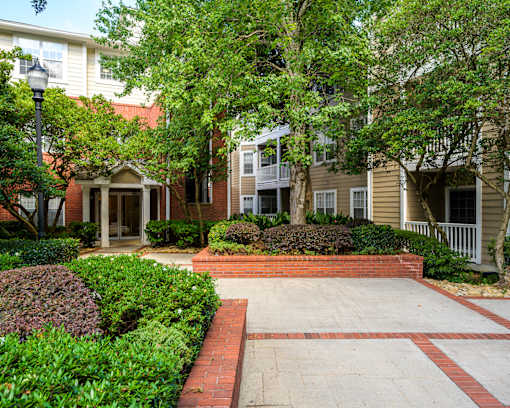 A tree-lined walkway leads to a building entrance.