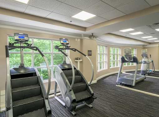 A gym with treadmills and elliptical machines.