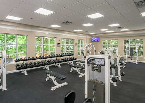 A gym with a variety of equipment including dumbbells, weight machines, and benches.