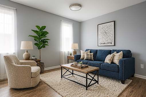 A living room with a blue couch, a chair, a coffee table, and a plant.