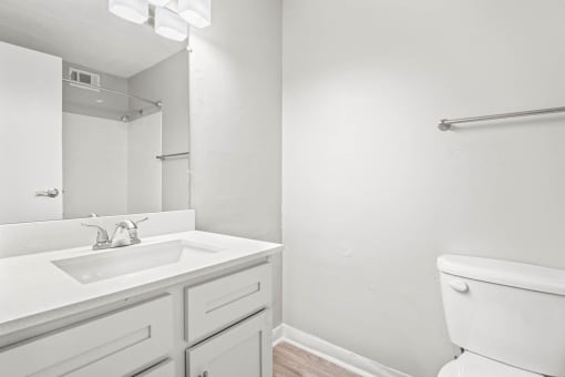 a bathroom with a sink toilet and mirror