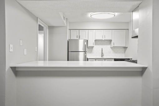 a kitchen with a counter top and a refrigerator