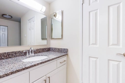 a bathroom with a sink and a mirror