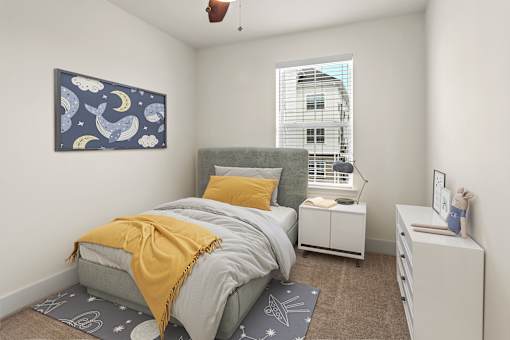 A bedroom with a bed, nightstand, and a painting on the wall.