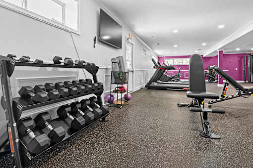A gym with a variety of equipment including dumbbells, a bench press, and a treadmill.