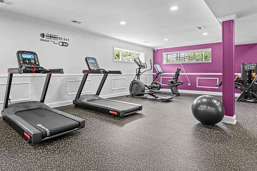 A gym with treadmills, exercise balls, and other equipment.