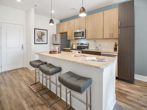 a kitchen with an island with three stools