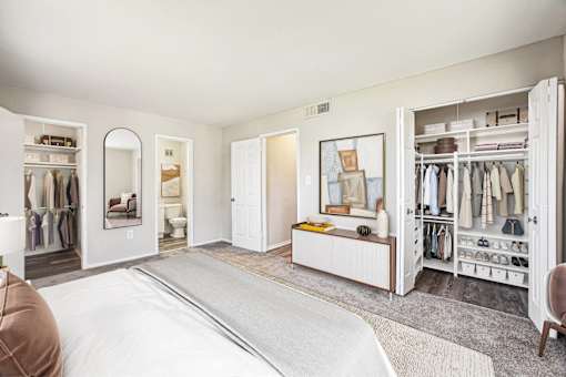 a bedroom with a bed and a closet