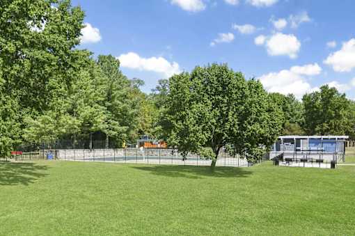 A green field with trees and a building in the background.