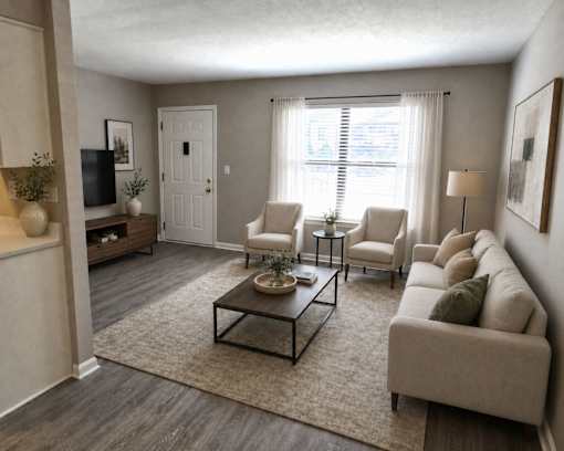 A living room with a white sofa, a coffee table, and a television.