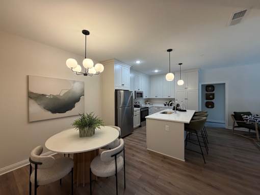 A kitchen with a table and chairs and a plant on it.