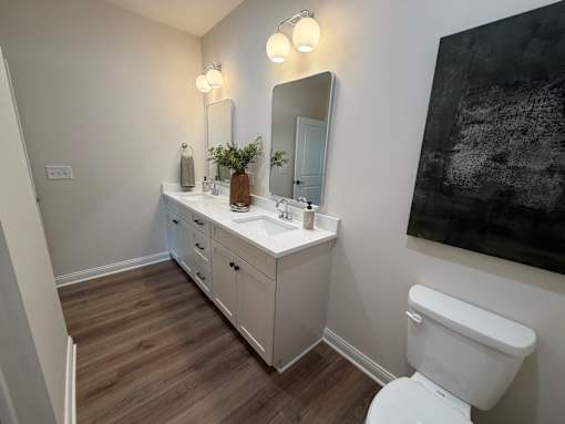 A bathroom with a white toilet and a white sink with a brown vase on the counter.