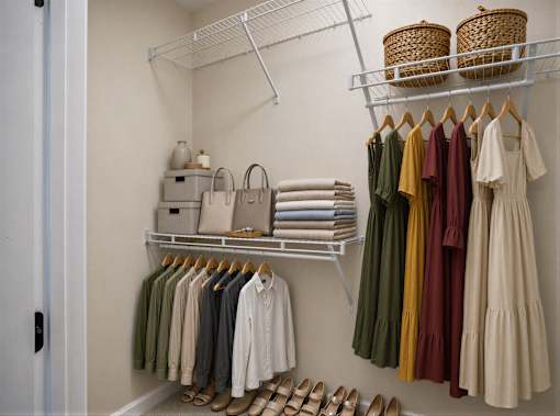 A closet with clothes and shoes on shelves and hangers.