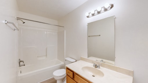 a bathroom with a sink toilet and shower and a mirror