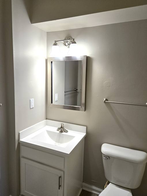 A bathroom with a sink, mirror, and toilet.