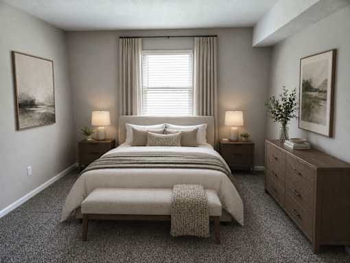 A bedroom with a large bed, two nightstands, and a bench.