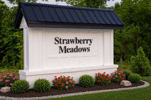 A white sign with a black roof that says Strawberry Meadows.