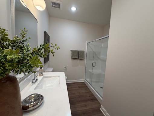 A bathroom with a sink, mirror, and glass shower door.