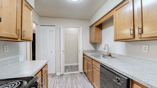 a kitchen with a sink and cabinets in a house