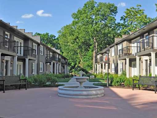 Courtyard and green space with trees  at Avenue in the Highlands Apartments in Louisville